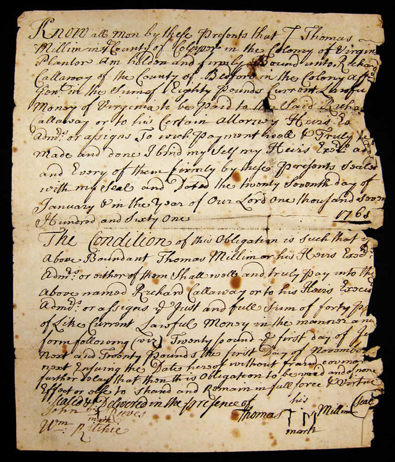 Thomas Milam Land Contract 1761